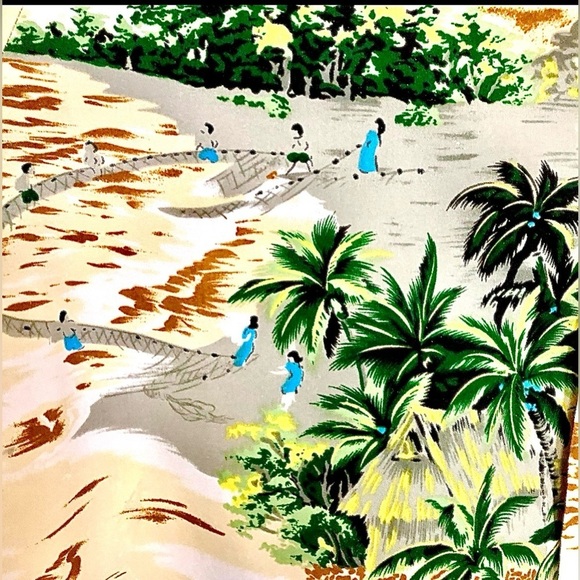 Vintage Woolcrest 50’s Men’s Hawaiian shirt w/palm trees w/populated sandy beach - Picture 8 of 11